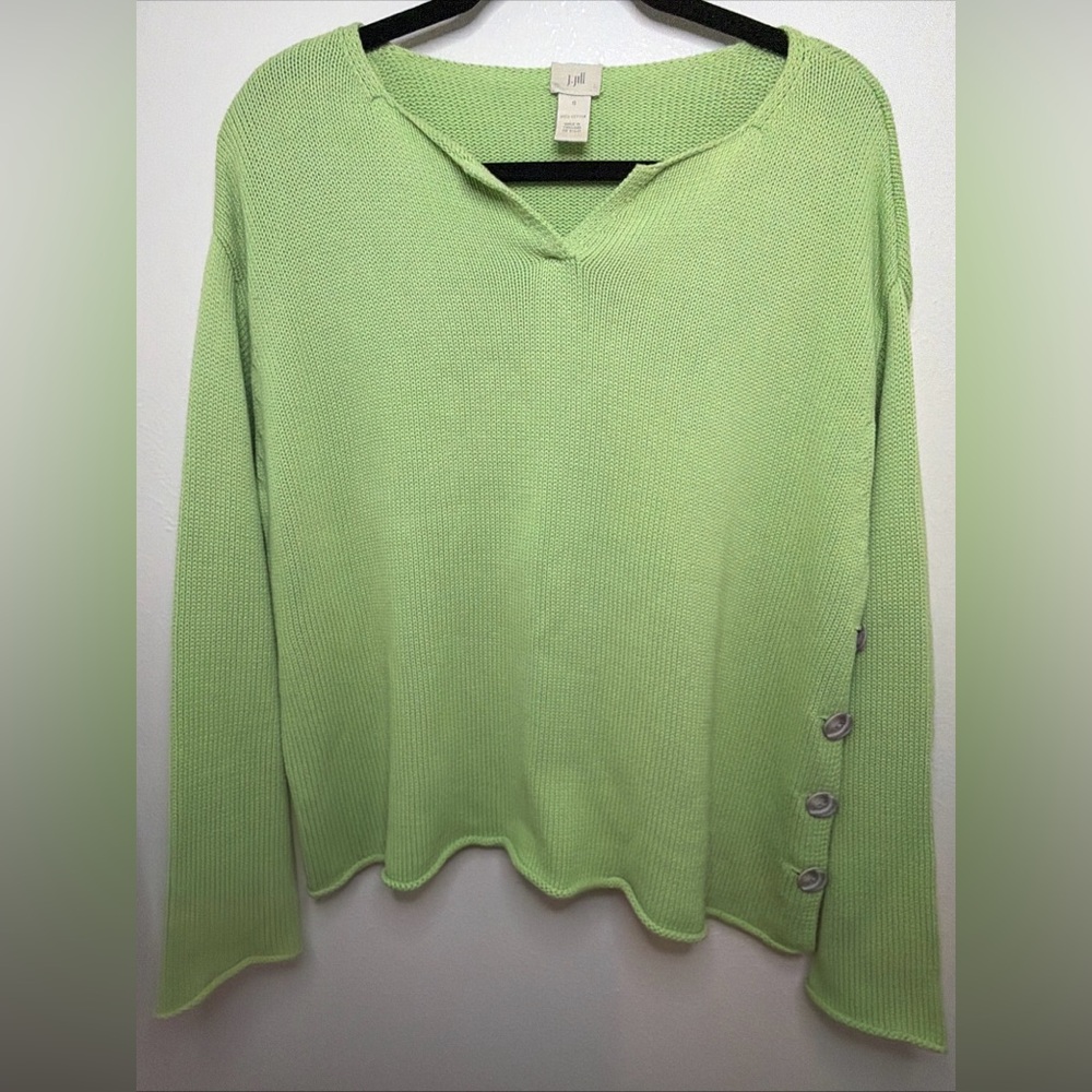 J. Jill Lime Green V-neck Side Button Pullover Sweater Size Small